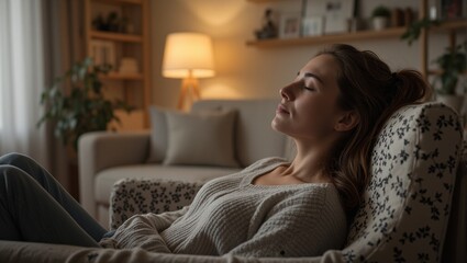 Obraz premium Tired mother napping in cozy chair golden light illuminating her peaceful expression in a serene living room