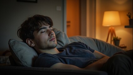 Serene moment of a tired graphic designer napping on soft sofa under warm lamp light in cozy studio apartment