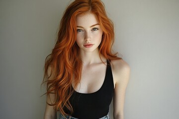Fototapeta premium Confident woman in black tank top and jeans with red hair
