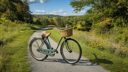 Fototapeta premium A Bicycle Parked on the Side of a Dirt Road With Flowers in the Background - Generative AI