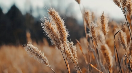 Fototapeta premium Close up of ripe grain heads in blurred background, showcasing nature beauty
