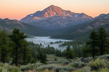 Misty Mountain Lake at Sunrise, Majestic Peak and Serene Valley Landscape