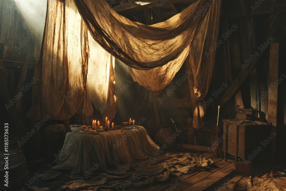 Poster rustic indoor scene with soft natural light filtering through draped fabrics, creating an atmospheri