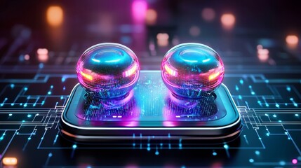 Earbuds with holographic display showcasing features, high-tech product reveal