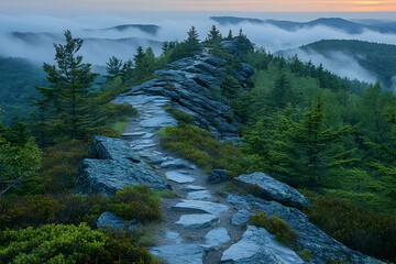 Obraz premium Misty Mountain Sunrise Landscape with a Winding Rock Path