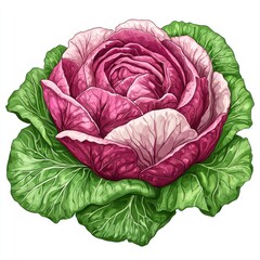 Obraz premium Radicchio Cabbage: A Vibrant Botanical Illustration - Detailed Close-up of Red and Green Leafy Vegetable