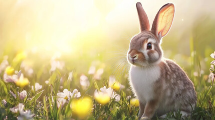 cute bunny rabbit sits in spring meadow filled with flowers