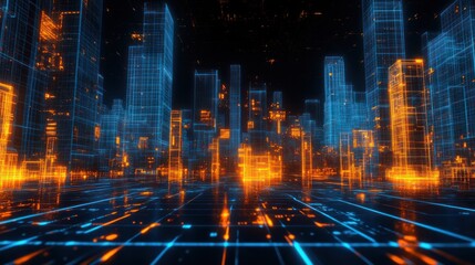 Fototapeta premium Futuristic city skyline at night, glowing orange and blue digital lines, grid ground.
