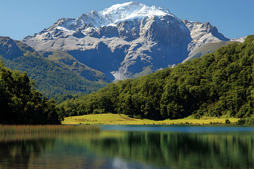 Majestic snow capped mountain overlooking a tranquil lake and lush green forest
