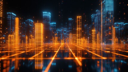 Obraz premium Futuristic city skyline at night with glowing orange and blue lines.