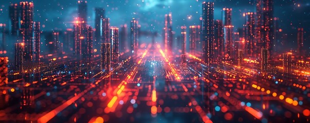 Fototapeta premium Futuristic cityscape at night, glowing roads and skyscrapers.