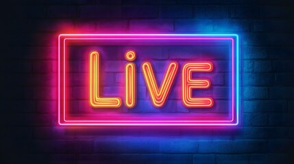 Neon Live Sign Glows Brightly On Brick Wall