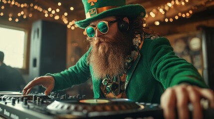 Bearded DJ wears a leprechaun costume and working spinning turntable records at Saint Patrick's Day...