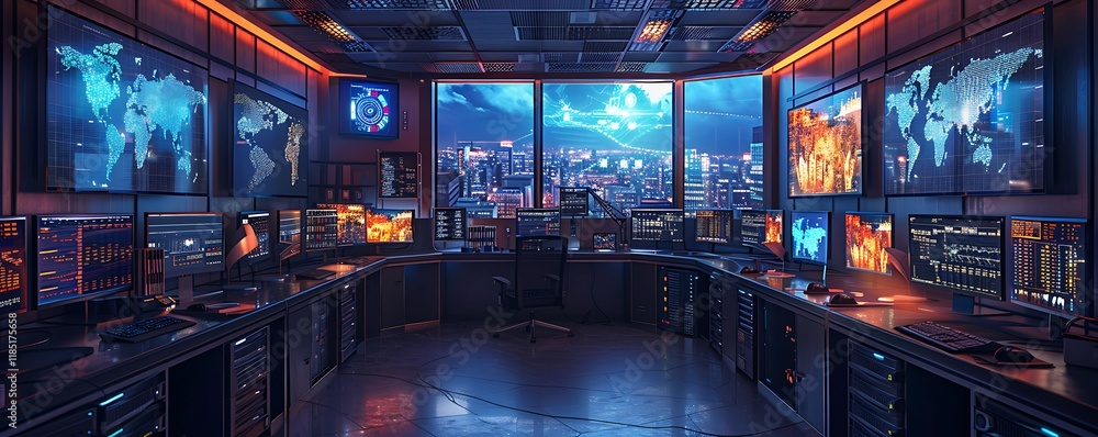 Poster futuristic control room with city view, multiple screens displaying data and world maps.