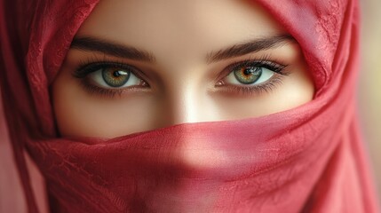 Fototapeta premium beautiful young Muslim woman covered her face in hijab. focus on the eyes, fashion oriental style woman.