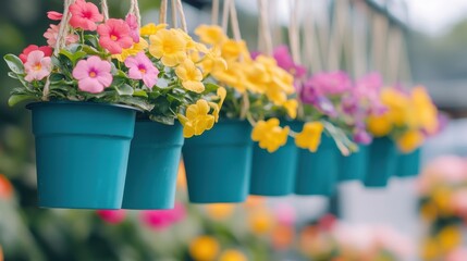 Brightly colored flowers in creative hanging pots suspended from a trellis.