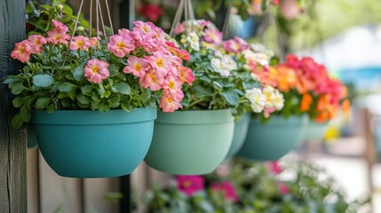Obraz premium Brightly colored flowers in creative hanging pots suspended from a trellis.