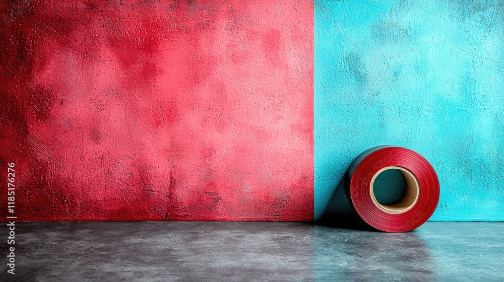 Poster red and blue abstract background with roll of tape: minimalist graphic design element