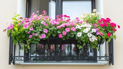 Fototapeta premium Brightly colored flowers in hanging pots creating a cheerful balcony view.