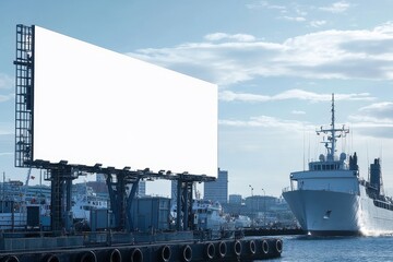 Obraz premium Blank Billboard Advertisement Near Harbor Ships