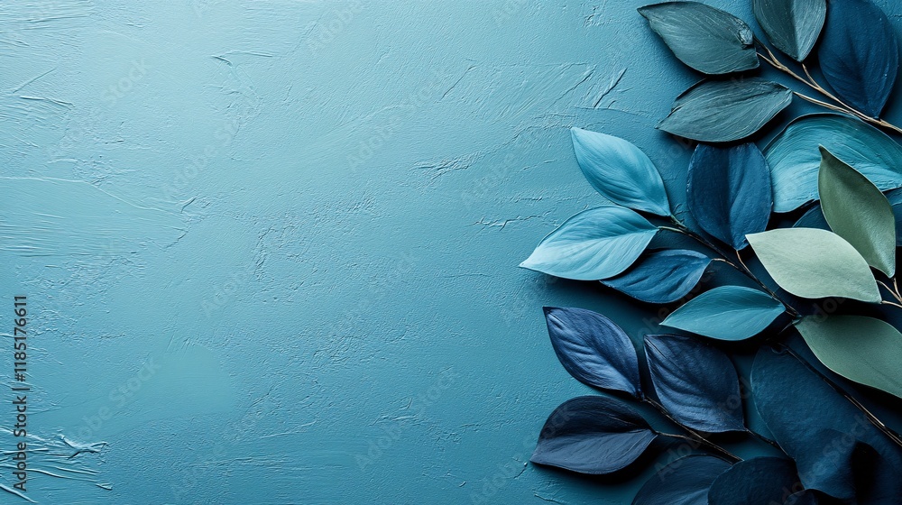 Poster blue leaves arranged on textured background creating relaxing atmosphere