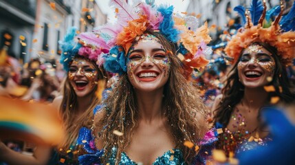 Obraz premium Cheerful group of friends in carnival costumes have fun on street parade during Mardi Gras festival