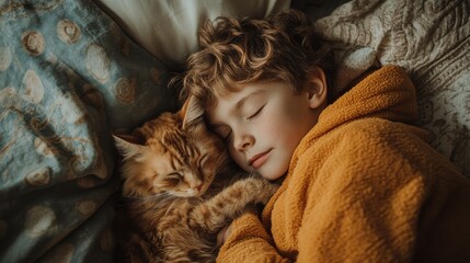 Child and cat sleeping together on the bed