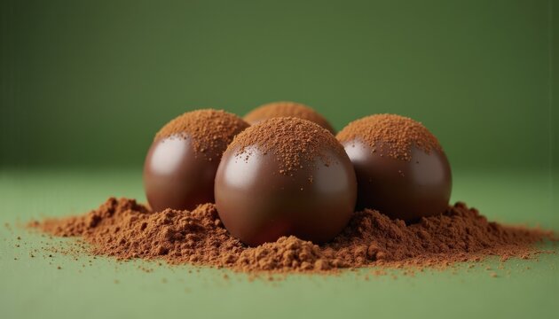 Close-up of smooth chocolate truffles dusted with cocoa powder resting on a pile of powder, conveying indulgence and sophistication for culinary publications and decadent event promotions