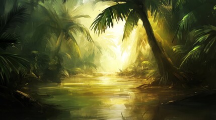 Serene Tropical Jungle Oasis with Sunlight Filtering Through Lush Green Foliage Over a Calm Waterway in a Mystical Atmosphere