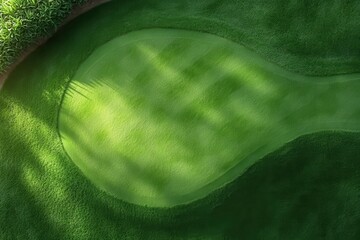 Aerial view of a lush green golf putting green, sunlight casting shadows. Ideal for websites, presentations, or showcasing golf course design.