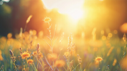 field of goldenrod flowers glows in warm sunlight, creating serene atmosphere