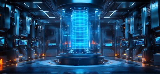 Futuristic energy core in a high-tech lab.