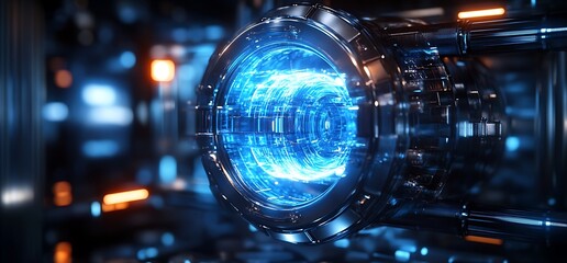 Futuristic glowing blue energy core in metallic casing.