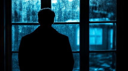 Silhouette of a Man in a Dark Room Gazing Out at Rain-Drenched Windows in a Mysterious Atmosphere with Blue Lighting and Hints of Urban Landscape in the Background