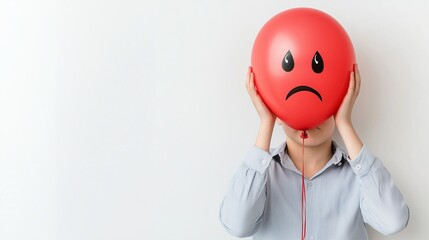 Person hiding behind a red balloon with a sad face in a minimalistic setting conveying emotions and expressions of sadness