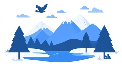 Winter Mountain Lake Scene with Bird
