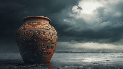 Ancient jar with native american thunderbird carvings, set against a stormy horizon. Thundertide. Illustration