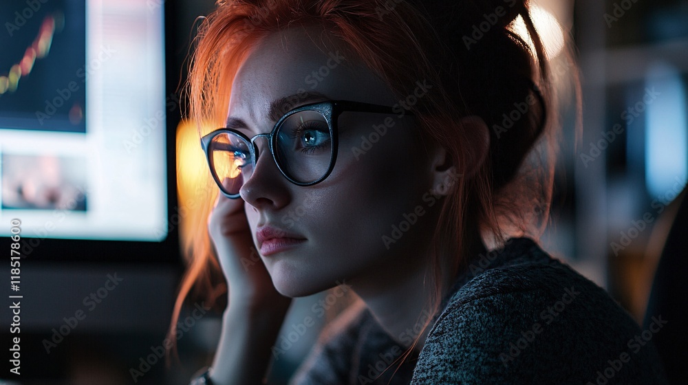 Aufkleber focused businesswoman working late using computer and thinking about solution