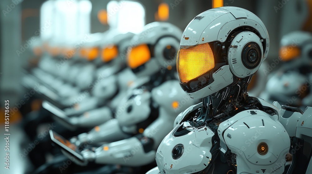 Poster futuristic robots in a row, illuminated faces.
