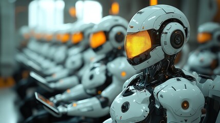 Fototapeta premium Futuristic robots in a row, illuminated faces.