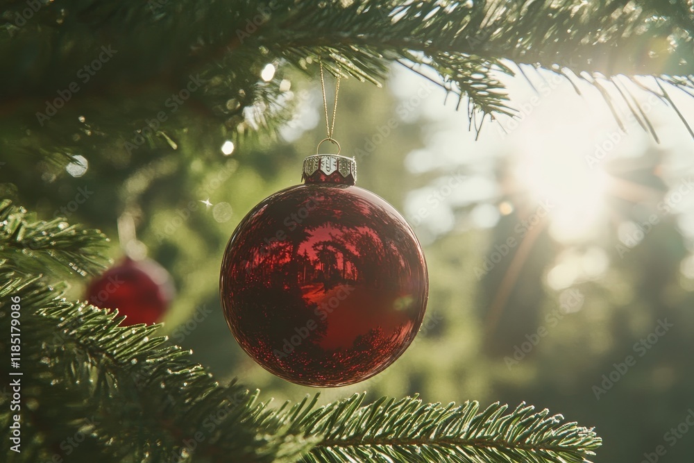 Poster sparkling red christmas ornament hanging from a pine tree branch with soft sunlight in the backgroun