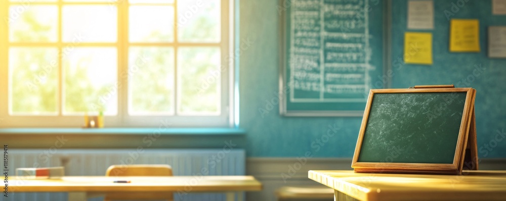 Aufkleber Empty classroom with small blackboard on desk and sunlight shining through window