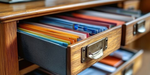 Organized files in a vintage wooden desk drawer. Colorful folders and documents neatly arranged, showcasing efficient office organization and storage.
