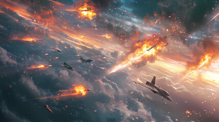 Formation of destroyer jets float in sky during aviation battle. neural network ai generated art. Thundertide. Illustration