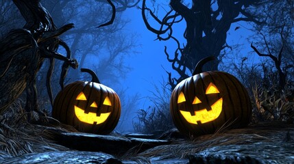 Spooky Halloween Scene with Glowing Jack-o'-lanterns Illuminating a Dark Forest Path Surrounded by Twisted Trees and Creepy Fog