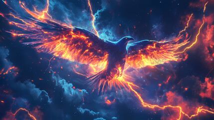 Luminous thunderbird with glowing lightning emanating from its wings. Thundertide. Illustration