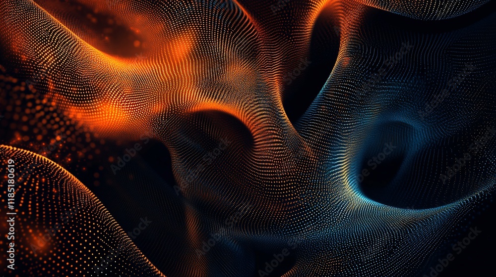 Poster Abstract particles flowing and forming orange and blue wavy pattern