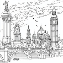 Famous Landmarks Coloring Book Illustration