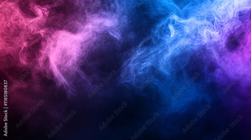 Poster pink and blue smoke creating abstract shapes on a black background