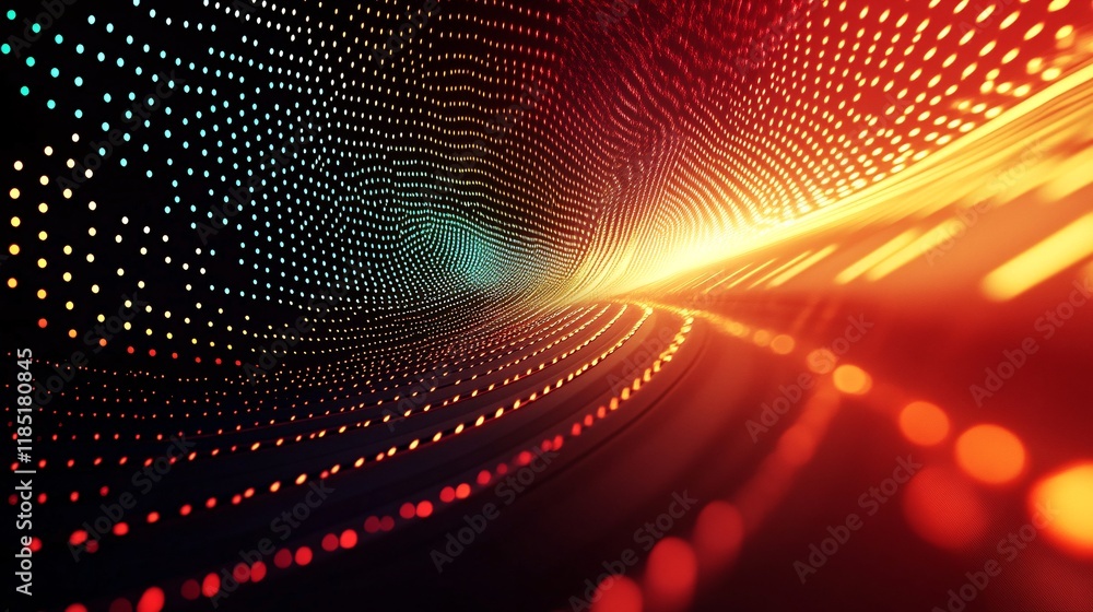 Poster abstract colorful digital tunnel with glowing particles flowing, emitting warm light